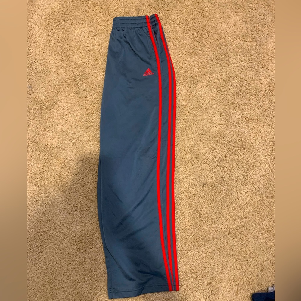 Kids Adidas size 18 athletic pants. Gray with red stripes